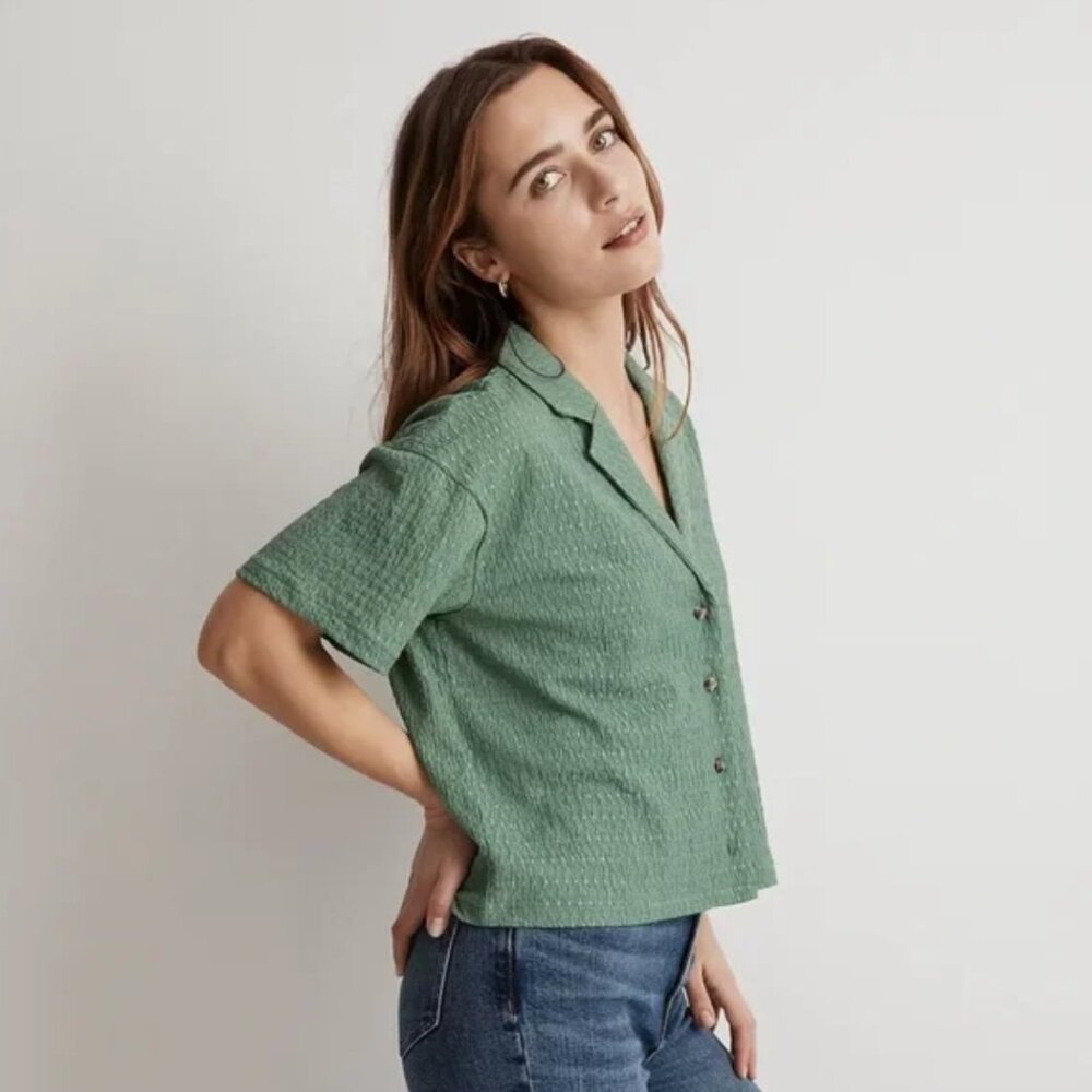 Madewell Textured Green Short Sleeve Button Up Shirt